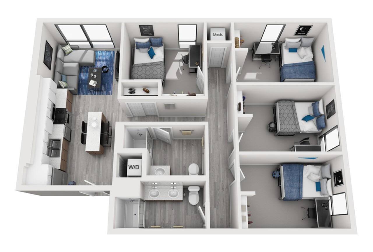 A 3D image of the 4BR/2BA floorplan, a 1228 squarefoot, 4 bed / 2 bath unit