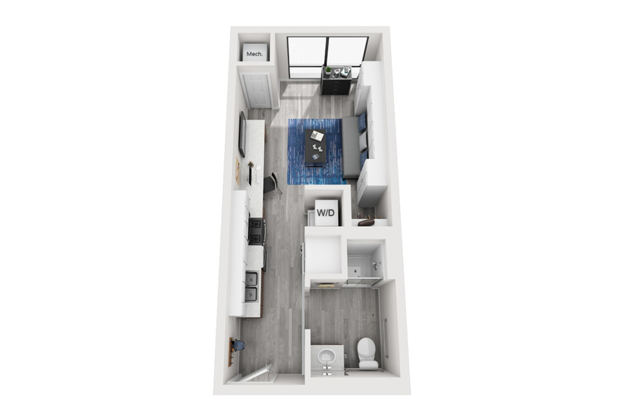 A 3D image of the Studio – Type 2 floorplan, a 422 squarefoot, 0 bed / 1 bath unit