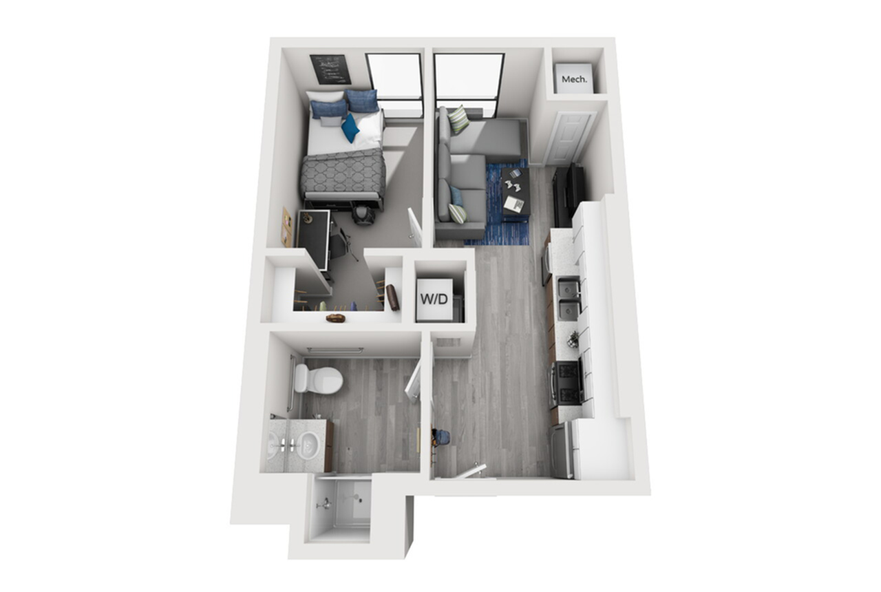 A 3D image of the 1BR/1BA floorplan, a 492 squarefoot, 1 bed / 1 bath unit