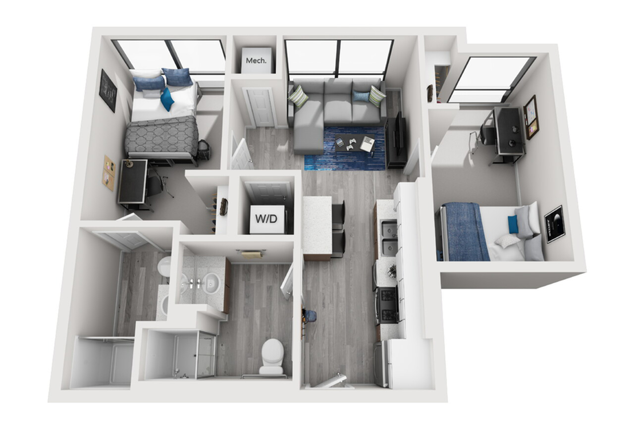 A 3D image of the 2BR/2BA – Type 1 floorplan, a 696 squarefoot, 2 bed / 2 bath unit