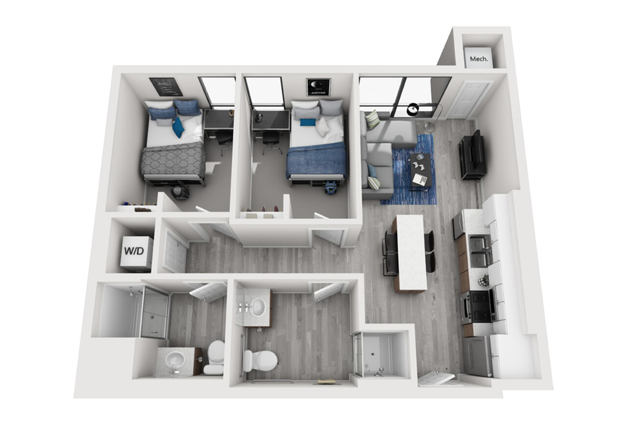 A 3D image of the 2BR/2BA – Type 2 floorplan, a 788 squarefoot, 2 bed / 2 bath unit