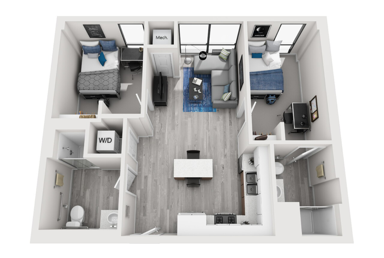 A 3D image of the 2BR/2BA – Type 3 floorplan, a 770 squarefoot, 2 bed / 2 bath unit