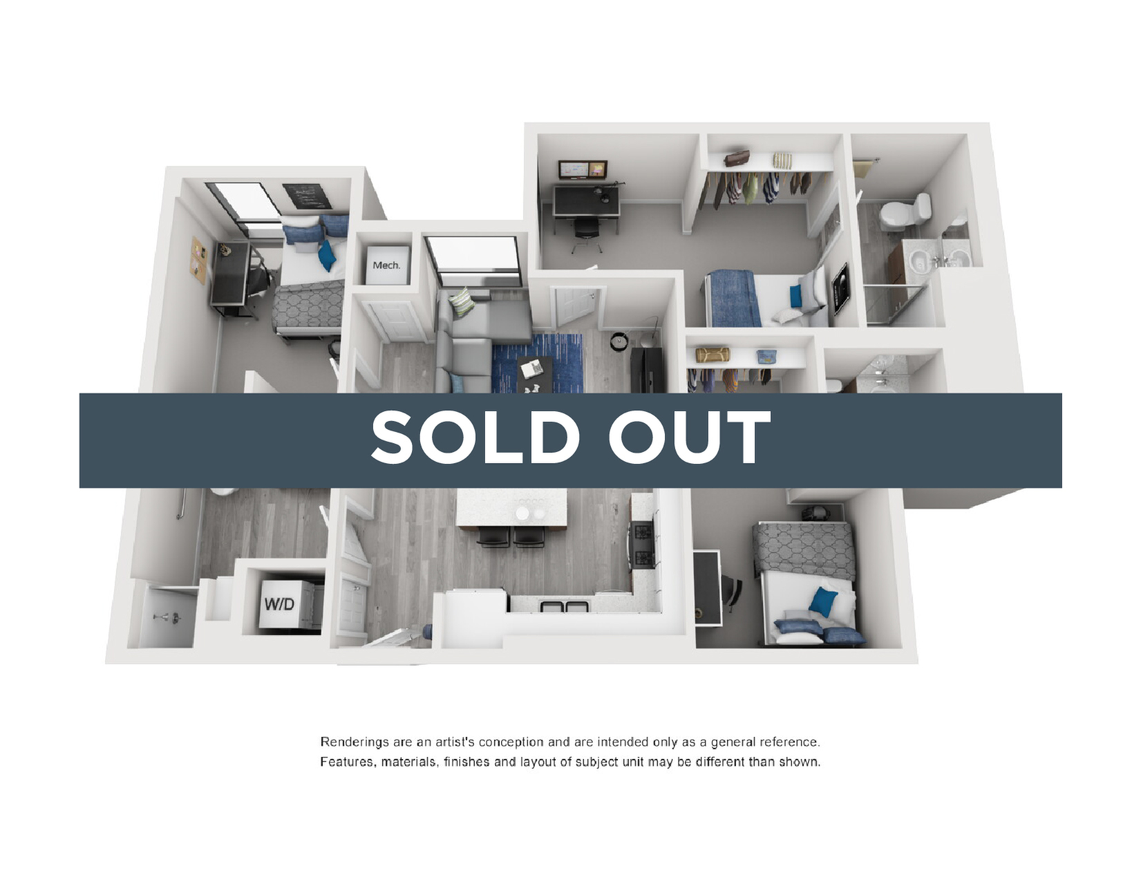 A 3D image of the 3BR/3BA floorplan, a 1149 squarefoot, 3 bed / 3 bath unit