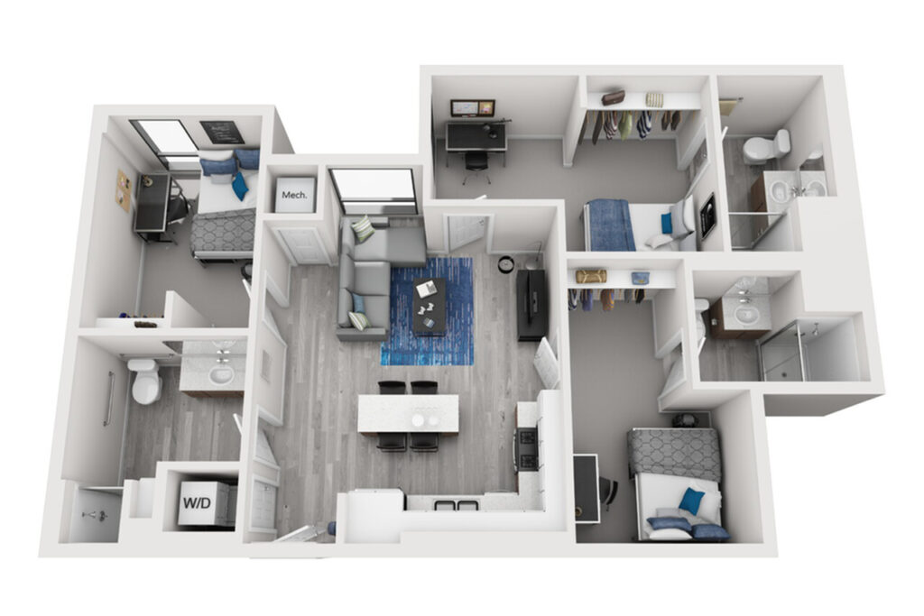 A 3D image of the 3BR/3BA floorplan, a 1149 squarefoot, 3 bed / 3 bath unit