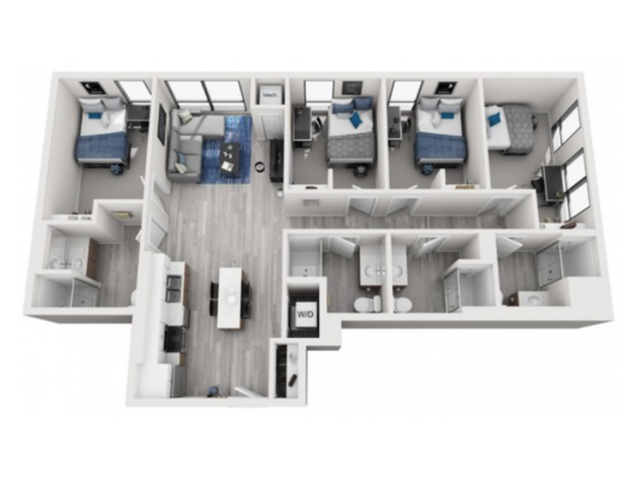 A 3D image of the 4BR/4BA – Type 3 floorplan, a 1228 squarefoot, 4 bed / 4 bath unit