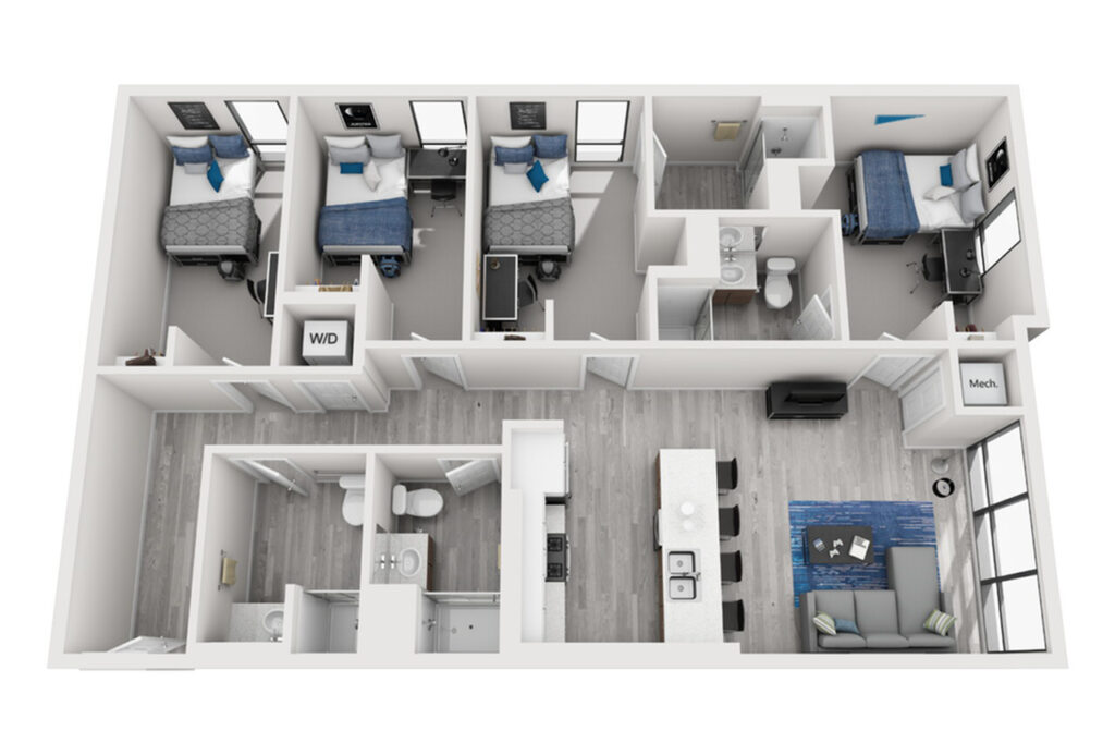 A 3D image of the 4BR/4BA – Type 1 floorplan, a 1228 squarefoot, 4 bed / 4 bath unit