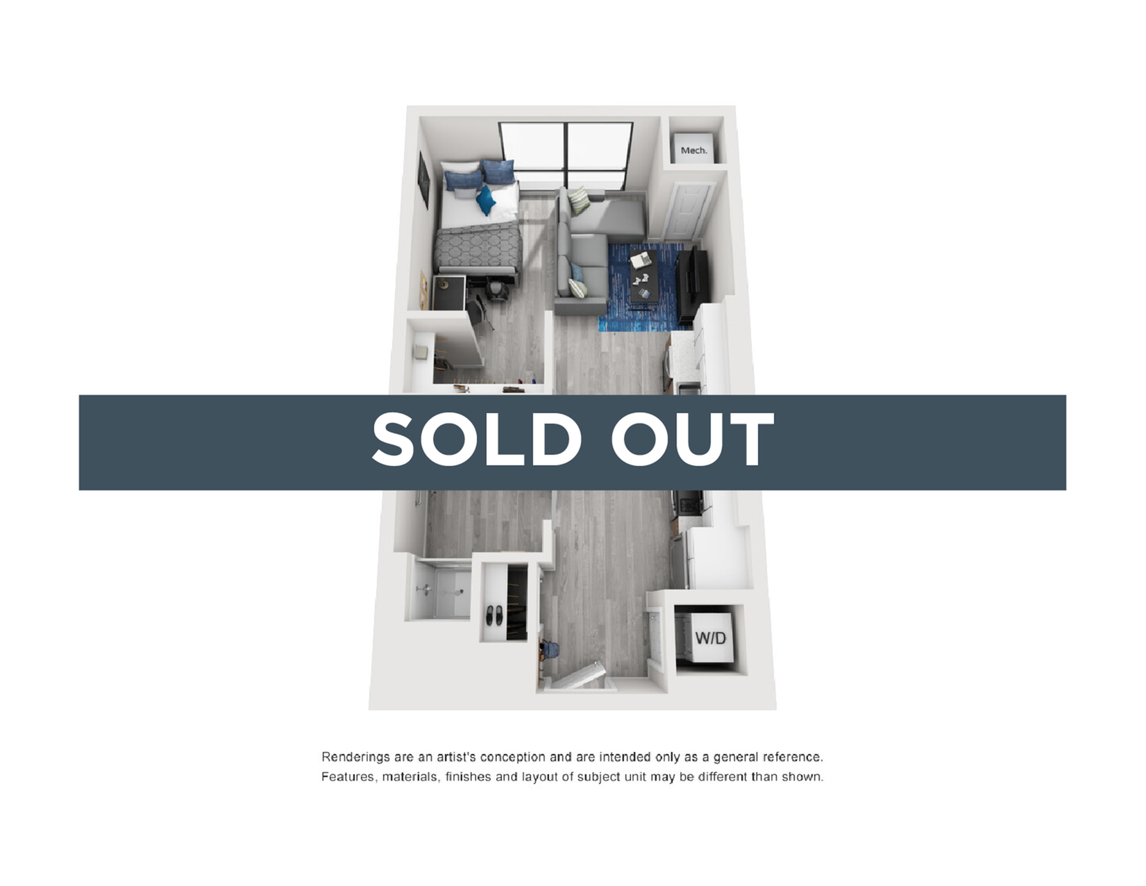 A 3D image of the Studio – Type 1 floorplan, a 539 squarefoot, 0 bed / 1 bath unit