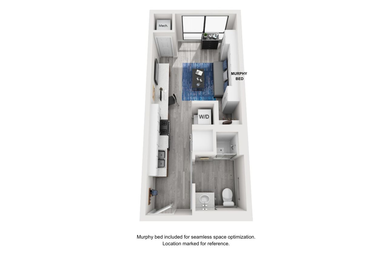 A 3D image of the Studio – Type 2 floorplan, a 422 squarefoot, 0 bed / 1 bath unit