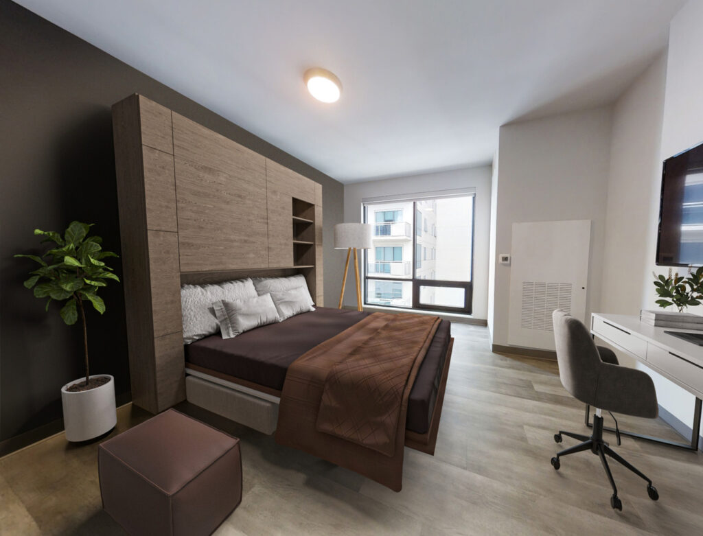 A 3D image of the Studio – Type 2 floorplan, a 422 squarefoot, 0 bed / 1 bath unit