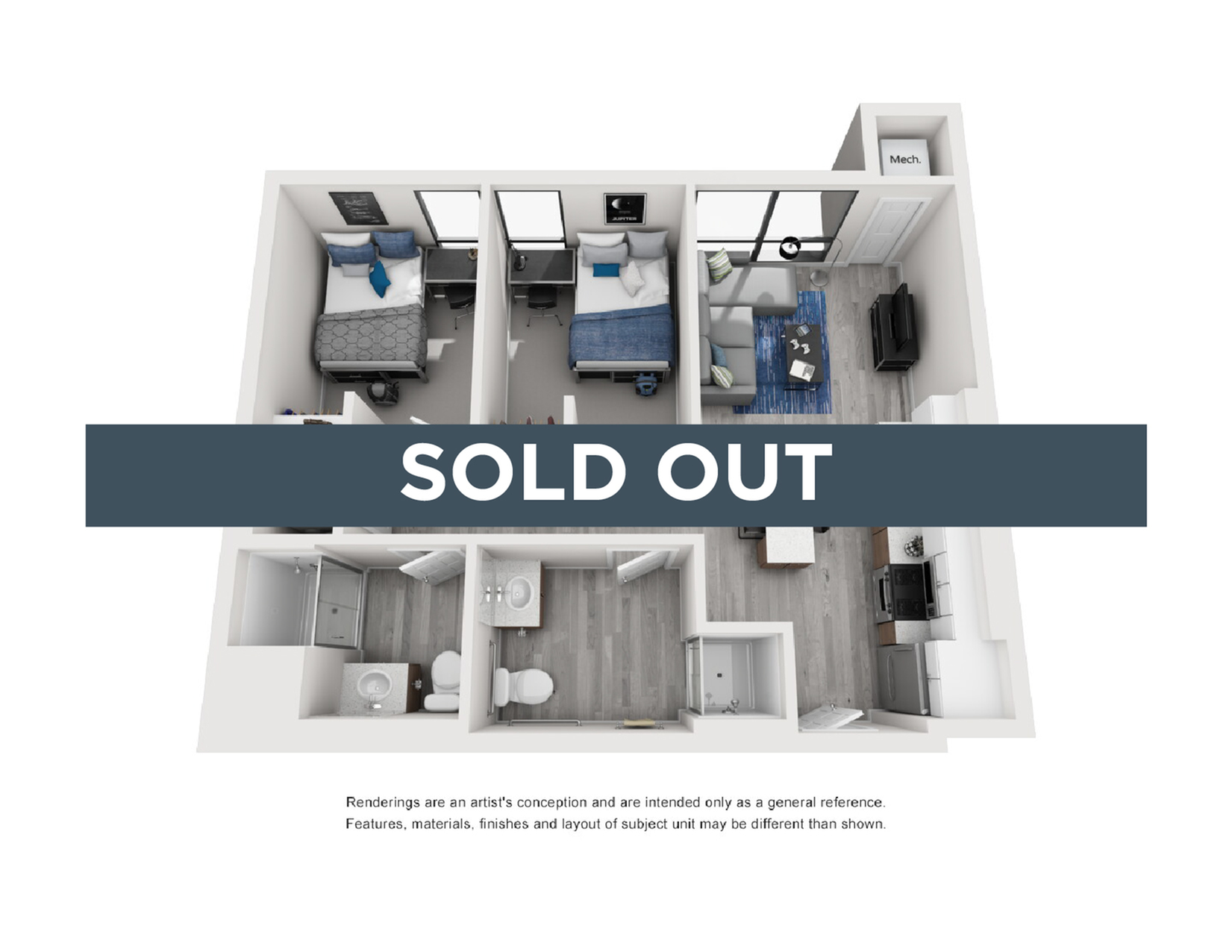 A 3D image of the 2BR/2BA – Type 2 floorplan, a 788 squarefoot, 2 bed / 2 bath unit