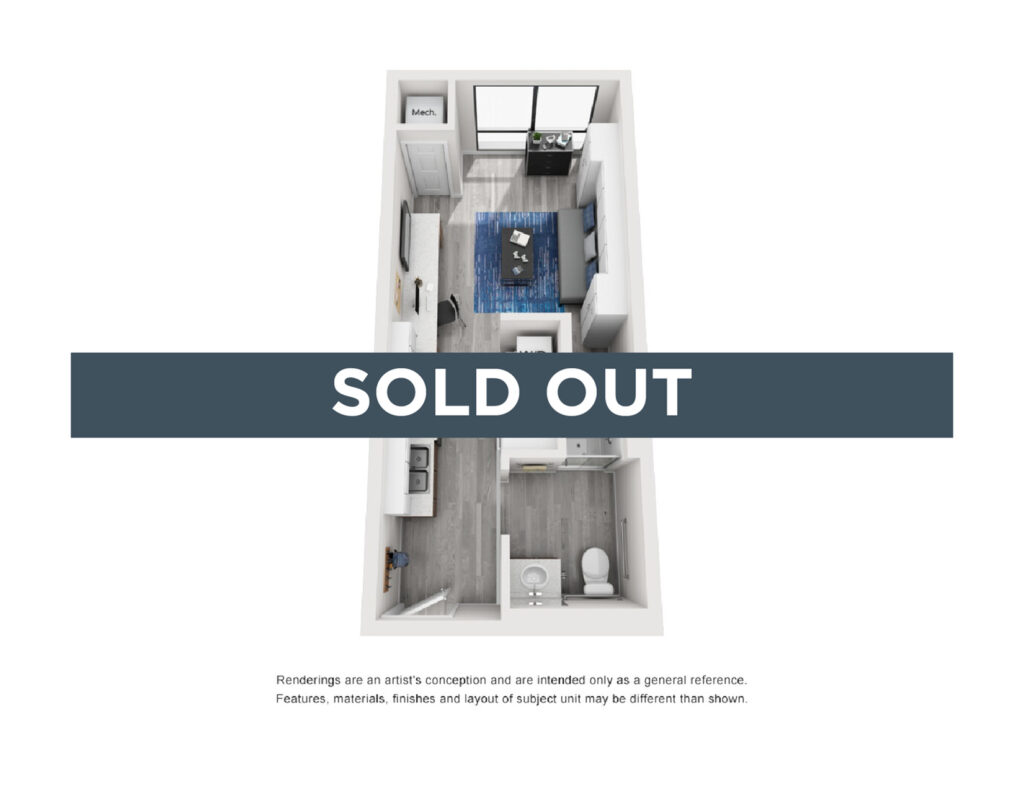 A 3D image of the Studio – Type 2 floorplan, a 422 squarefoot, 0 bed / 1 bath unit