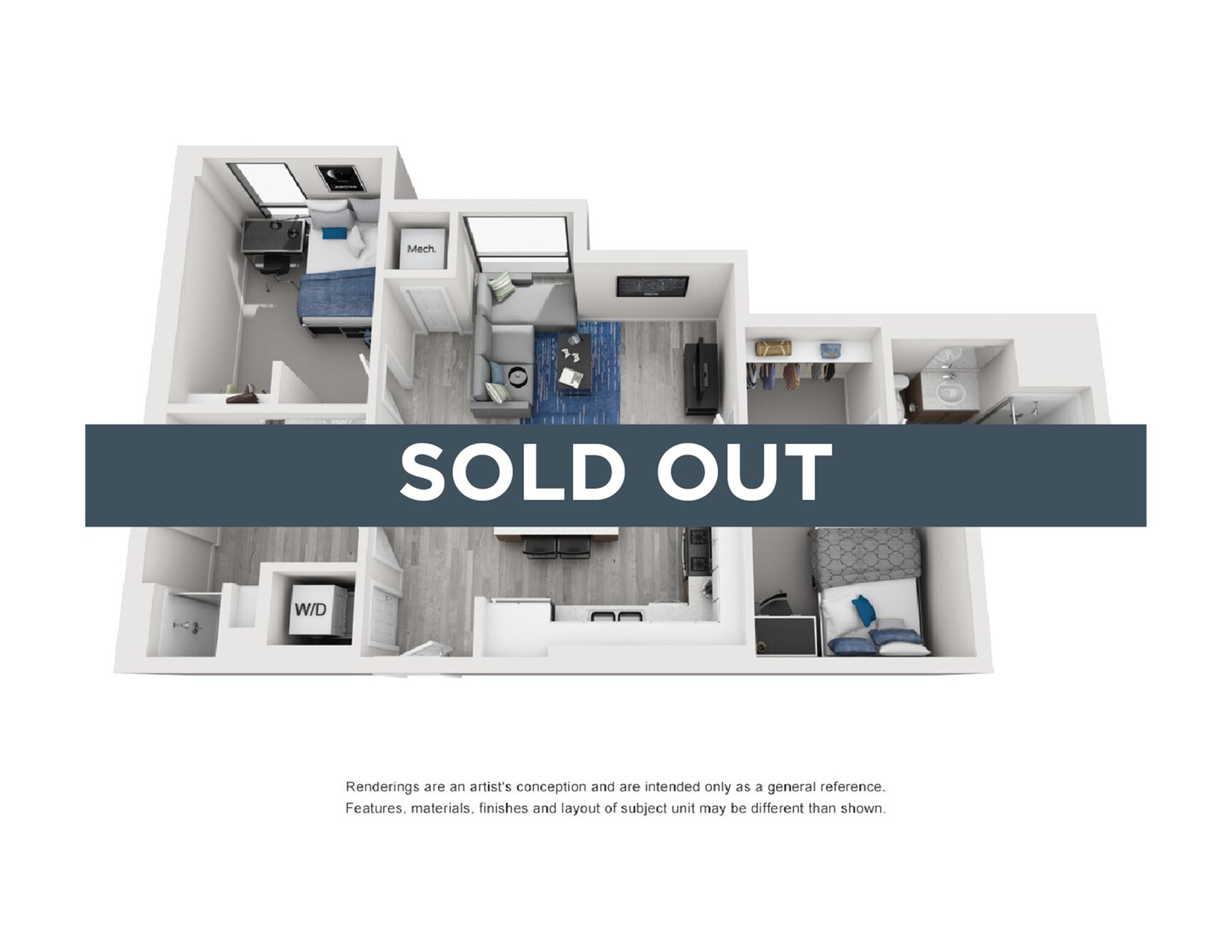 A 3D image of the 2BR/2BA – Type 4 floorplan, a 888 squarefoot, 2 bed / 2 bath unit