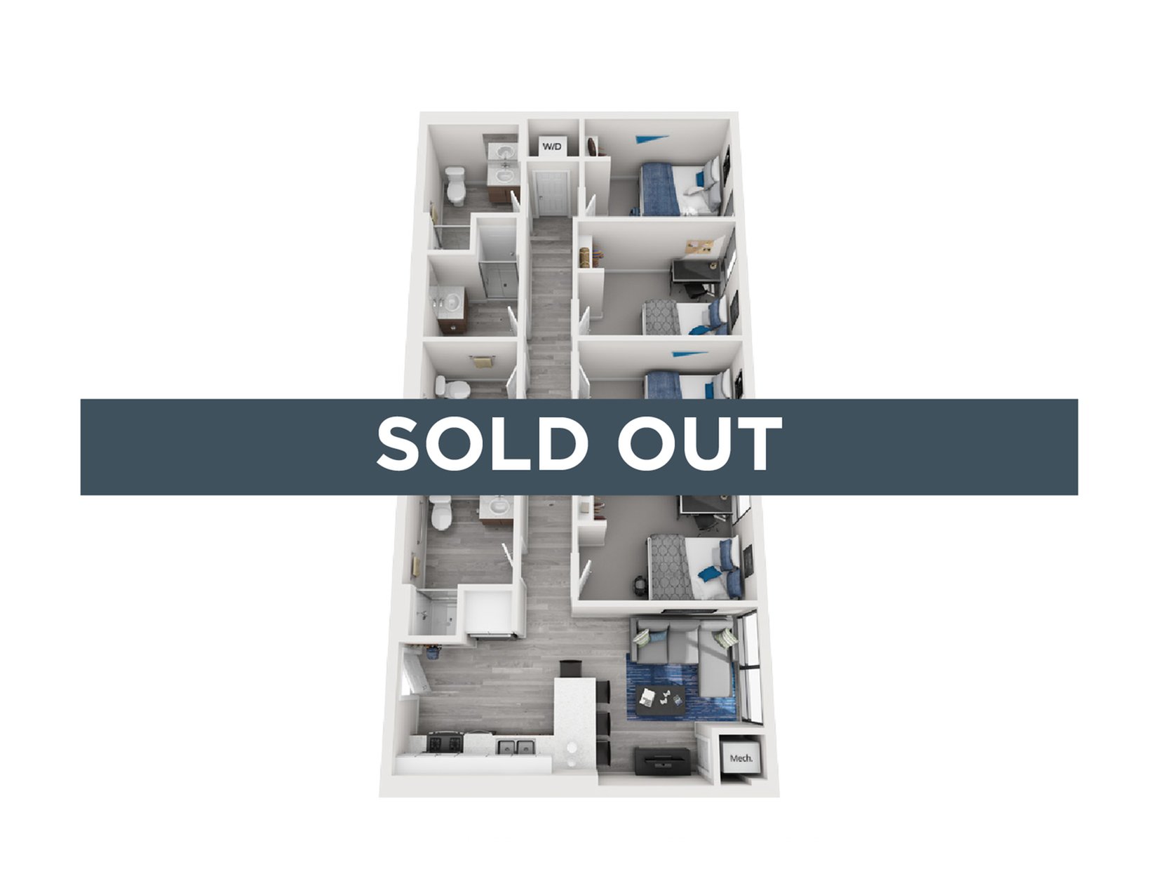 A 3D image of the 4BR/4BA – Type 2 floorplan, a 1228 squarefoot, 4 bed / 4 bath unit
