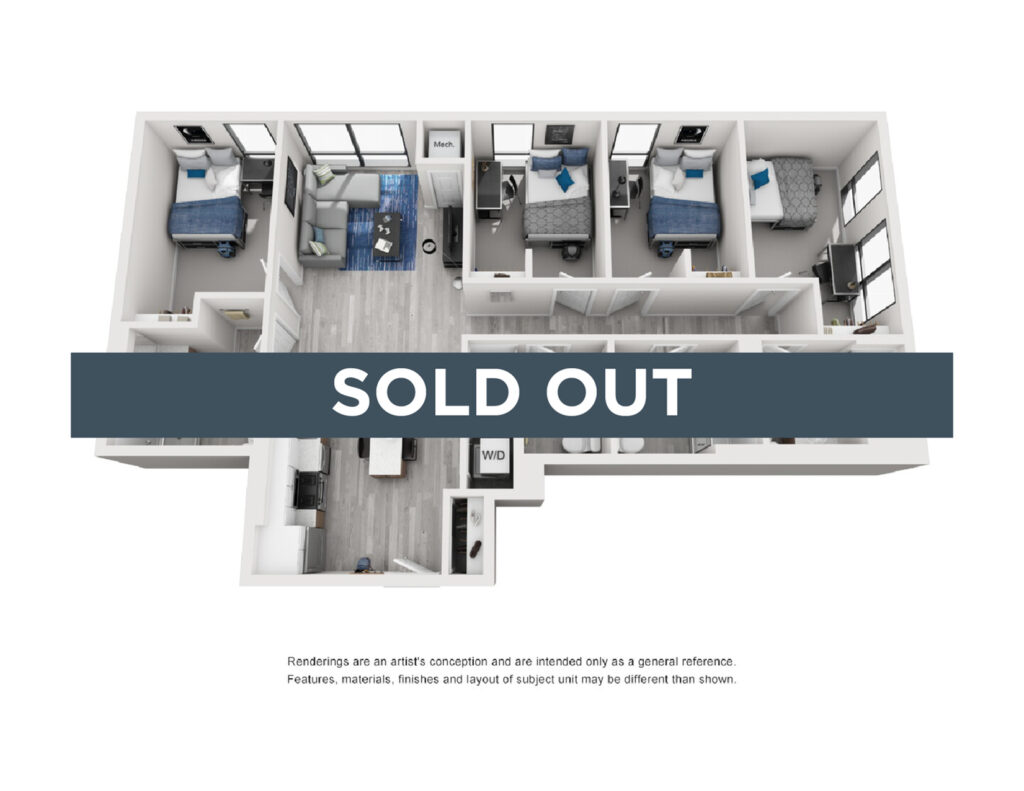 A 3D image of the 4BR/4BA – Type 3 floorplan, a 1228 squarefoot, 4 bed / 4 bath unit