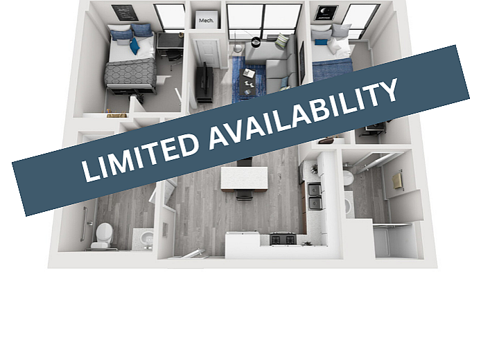 A 3D image of the 2BR/2BA – Type 3 floorplan, a 770 squarefoot, 2 bed / 2 bath unit