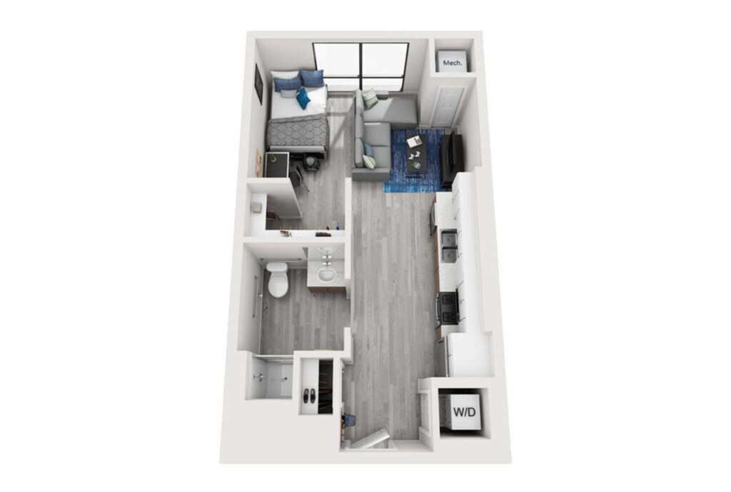 A 3D image of the Studio – Type 1 floorplan, a 539 squarefoot, 0 bed / 1 bath unit