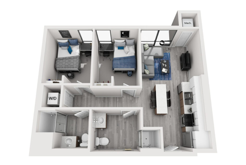 A 3D image of the 2BR/2BA – Type 2 floorplan, a 788 squarefoot, 2 bed / 2 bath unit
