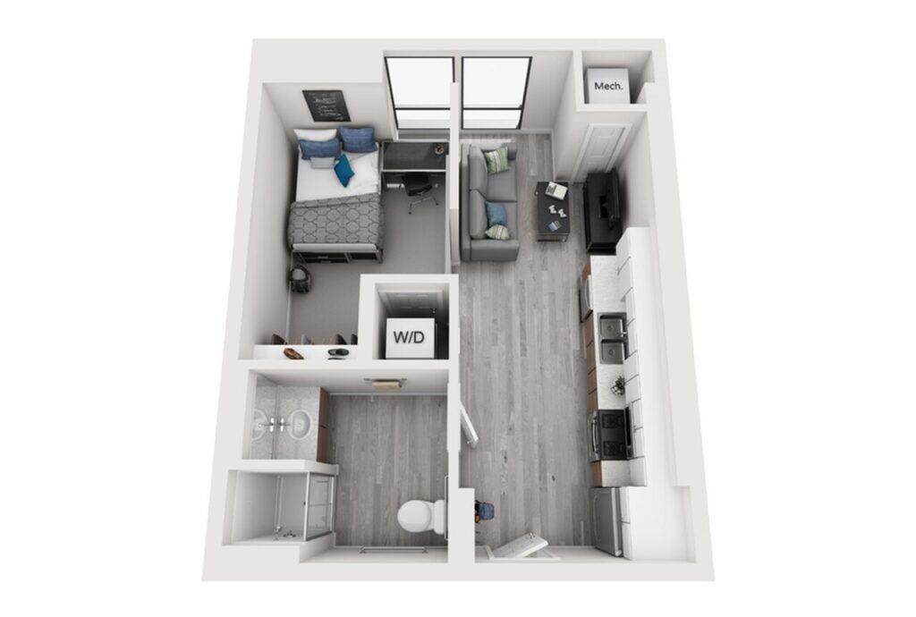A 3D image of the 1BR/1BA floorplan, a 492 squarefoot, 1 bed / 1 bath unit