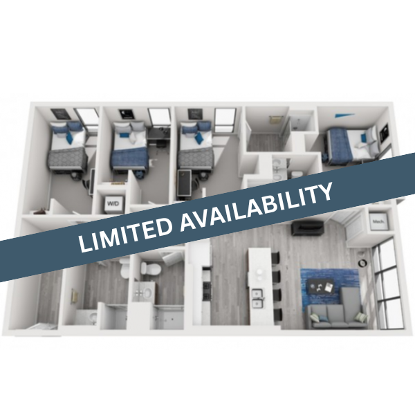 A 3D image of the 4BR/4BA – Type 1 floorplan, a 1228 squarefoot, 4 bed / 4 bath unit