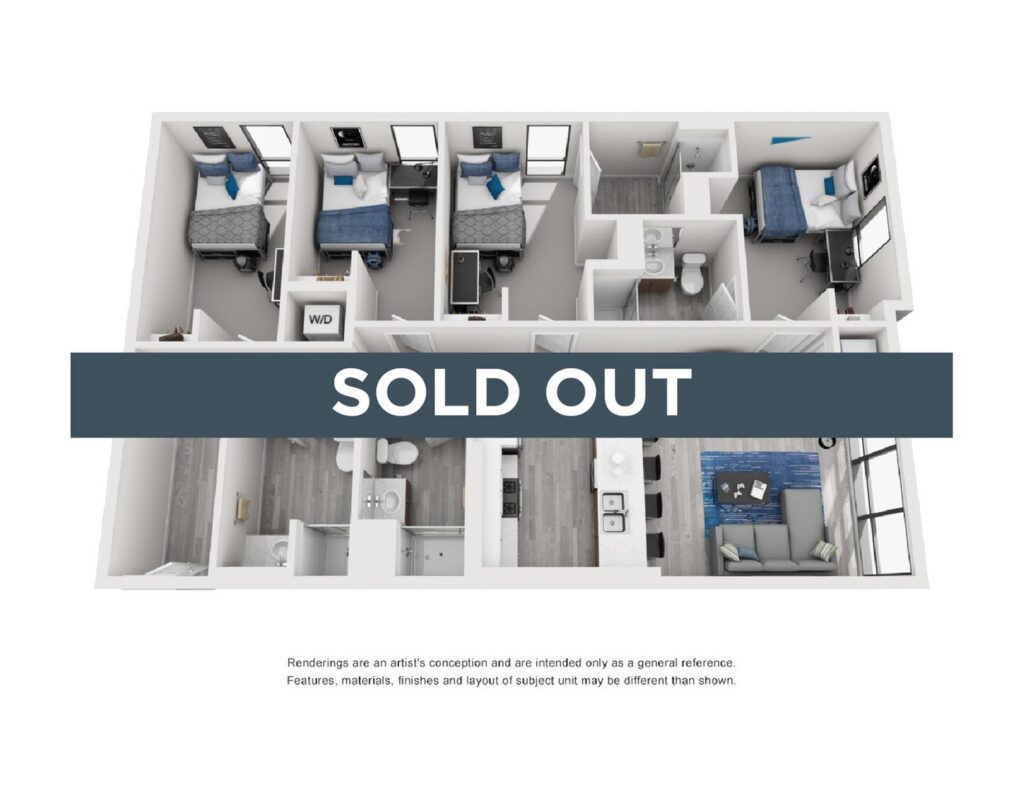 A 3D image of the 4BR/4BA – Type 1 floorplan, a 1228 squarefoot, 4 bed / 4 bath unit