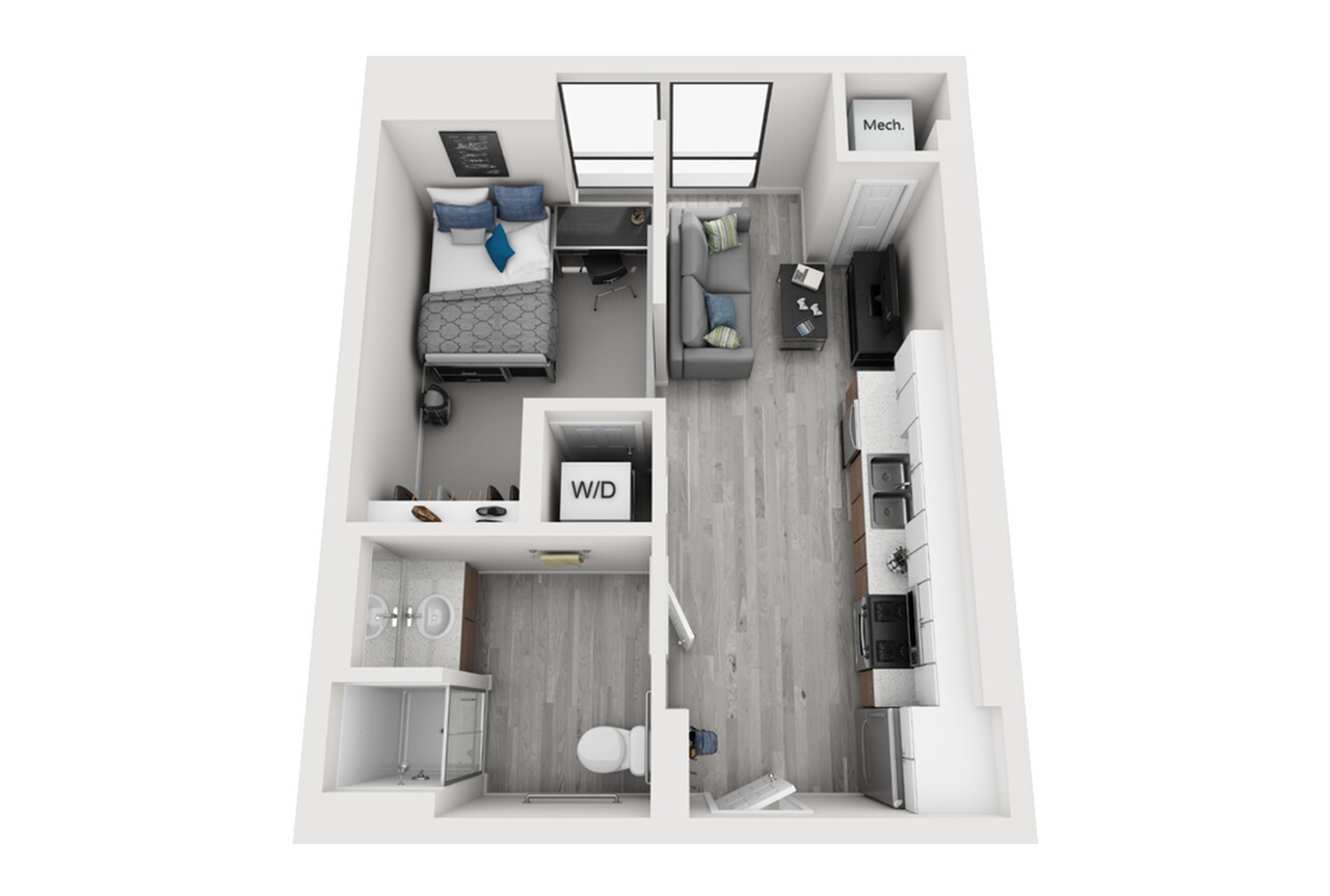 A 3D image of the 1BR/1BA floorplan, a 492 squarefoot, 1 bed / 1 bath unit